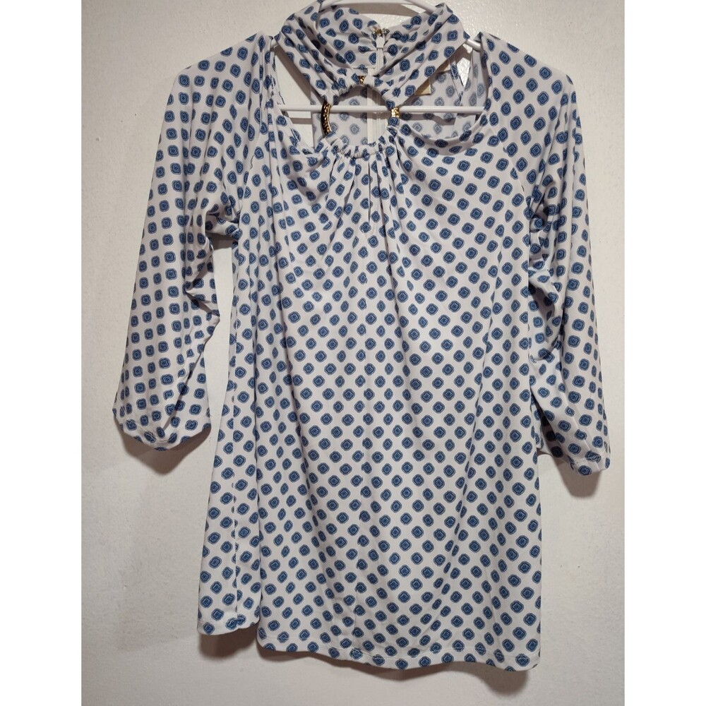 Michael Kors Women's Cold Shoulder Keyhole Neck Blue White Blouse Soft Top Sz S